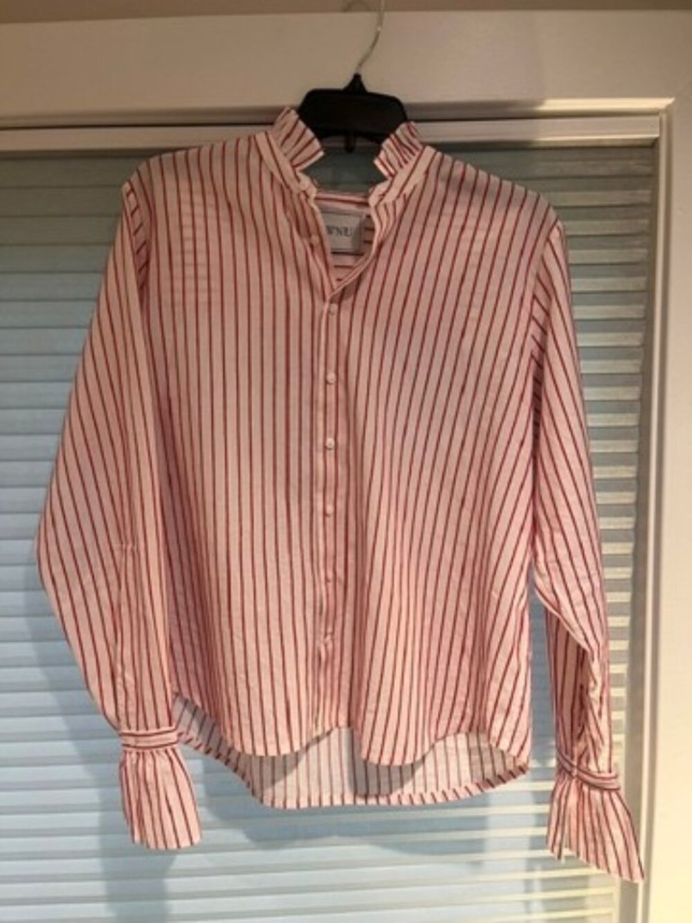 Cotton, long-sleeve, red pin stripe blouse with frills at collar and cuff